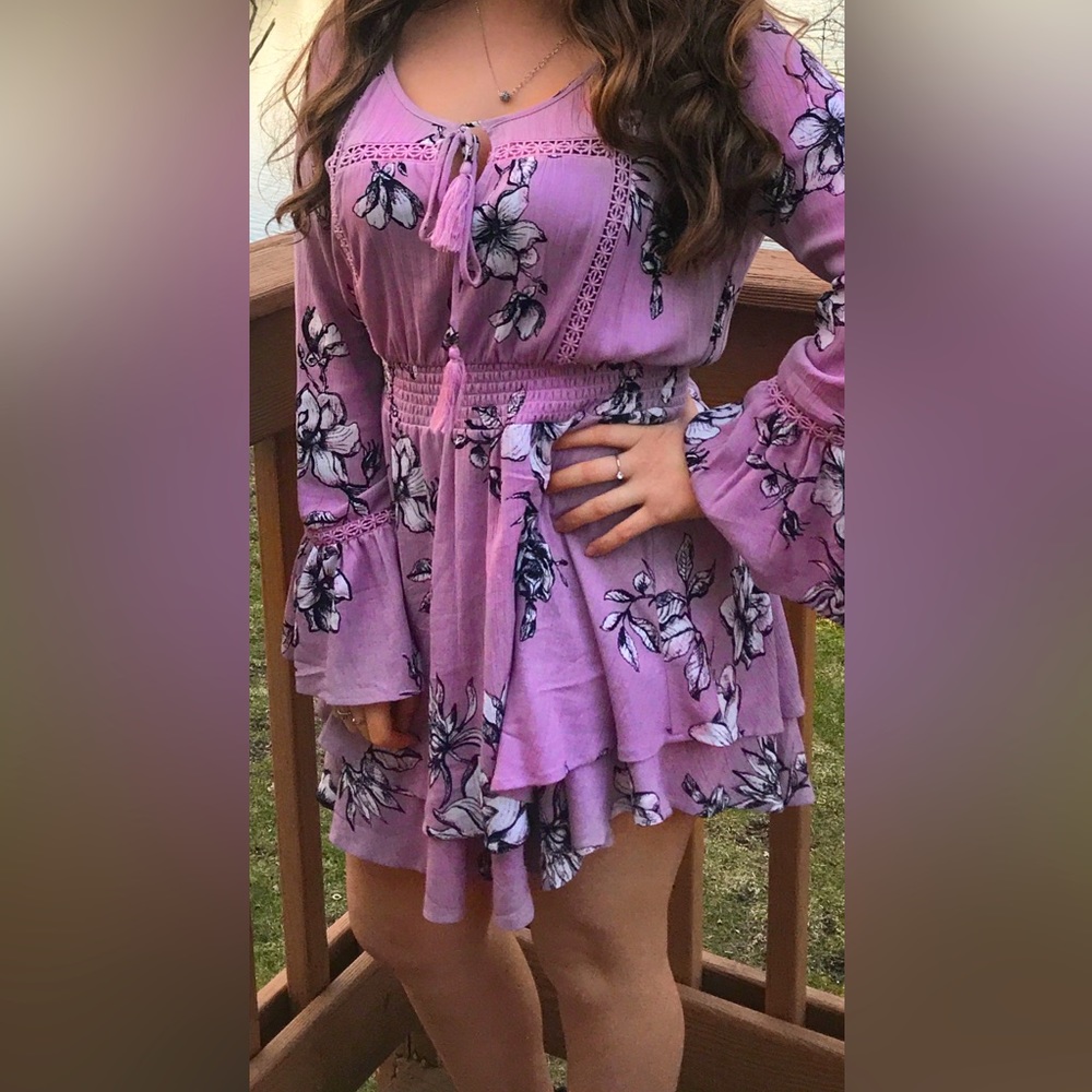 Purple Floral Long Sleeve Dress